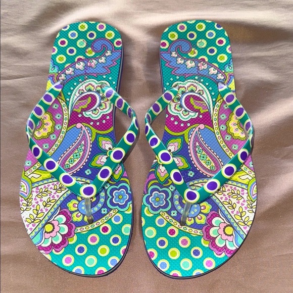 Vera Bradley Blue Island Medallion Floral Dot Colorful Paisley Flip Flops Sz LRG - Picture 8 of 9